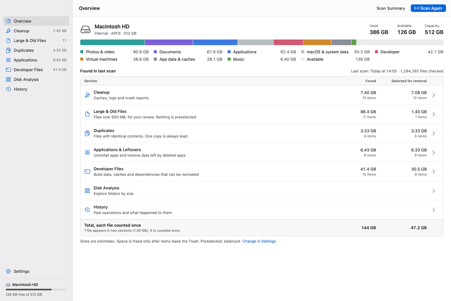 DiskJoy Overview screen after a scan, showing disk usage by category, the space found and selected in each section, and the total with each file counted once